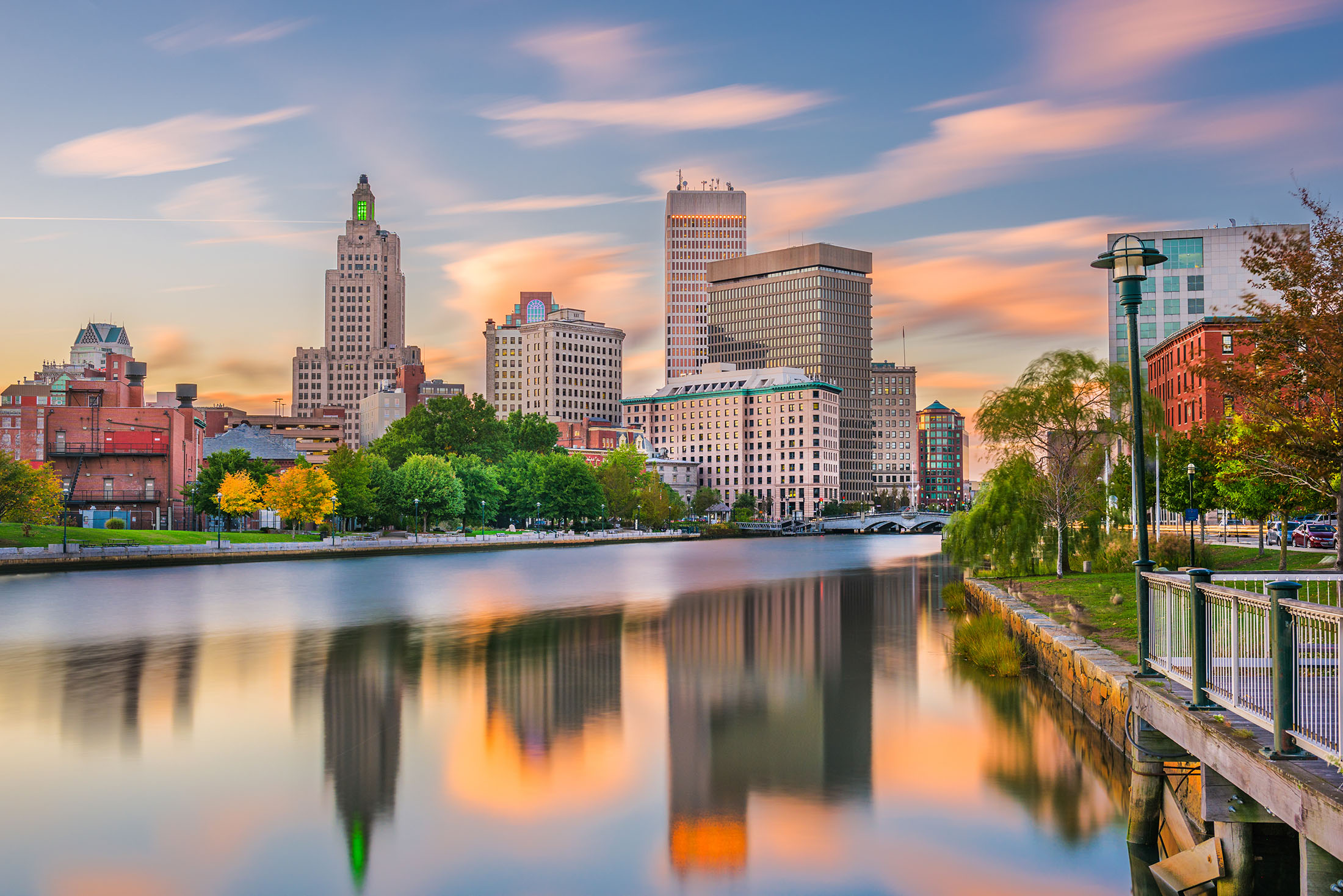Providence Financial District From Afar, Reflections On River Of Downtown Buildings